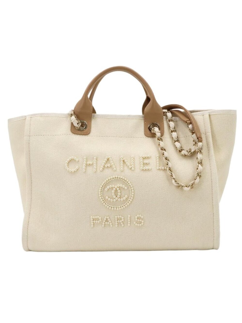Chanel Deauville GM 2-Way Tote Chain Shoulder Bag Canvas Leather White Beige